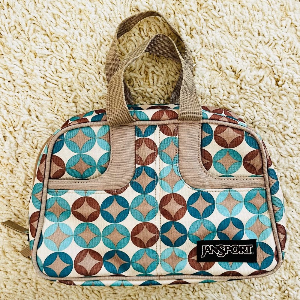 Jansport Geo-Print Cosmetic Bag in Teal, Brown & Cream